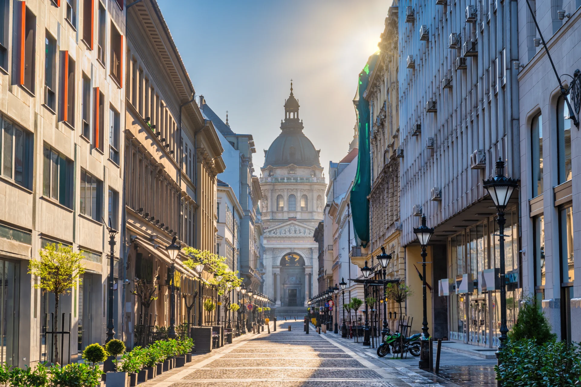 Downtown street with the dome of St Stephen's Basilica