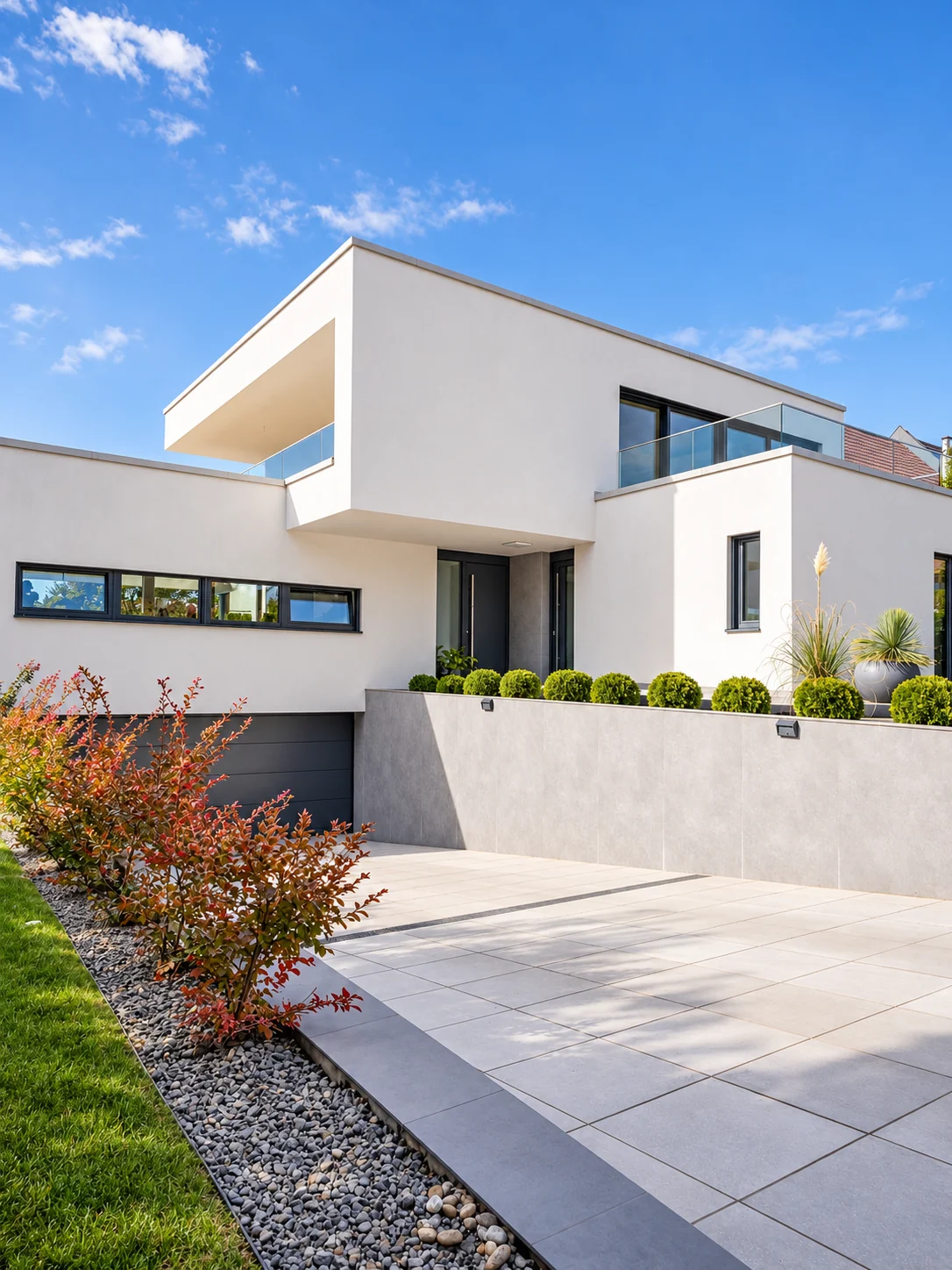 Modern, fehér villa kerttel és kék éggel