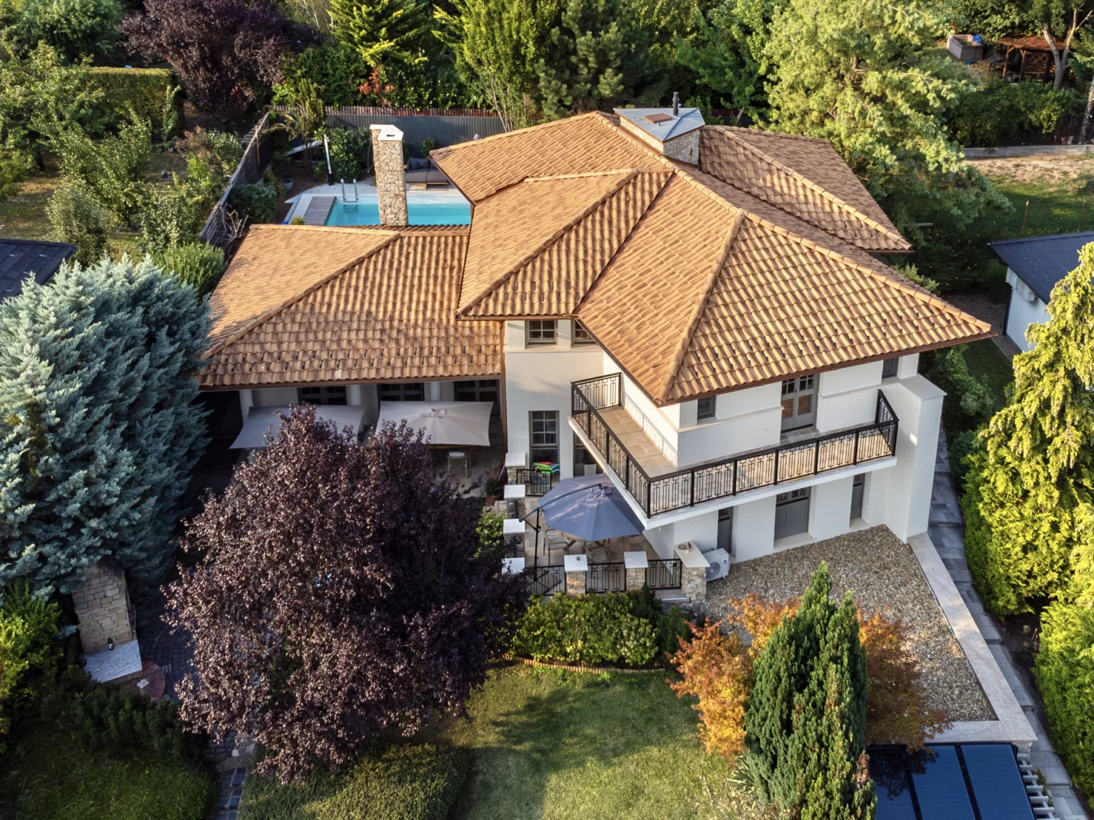 Aerial view of the villa roof and garden