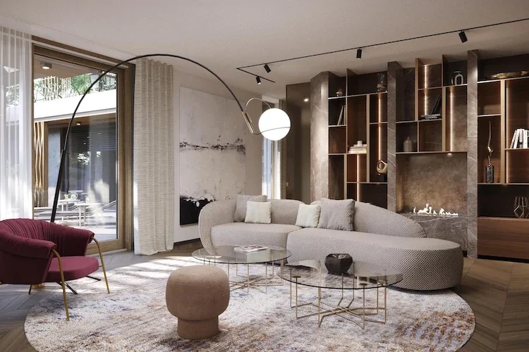 Modern living room with curved sofa and arc lamp