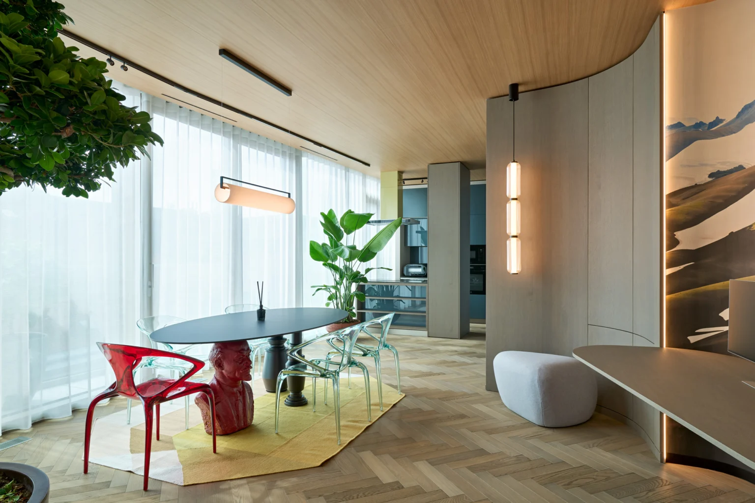 Modern villa interior with dining table