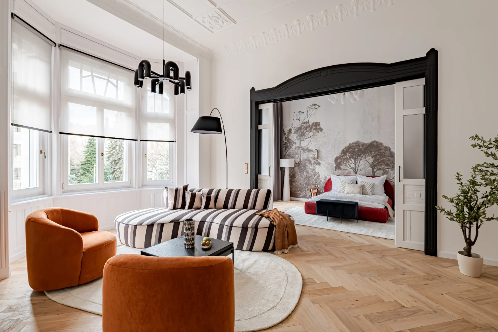 Staged living room in a classic Budapest apartment