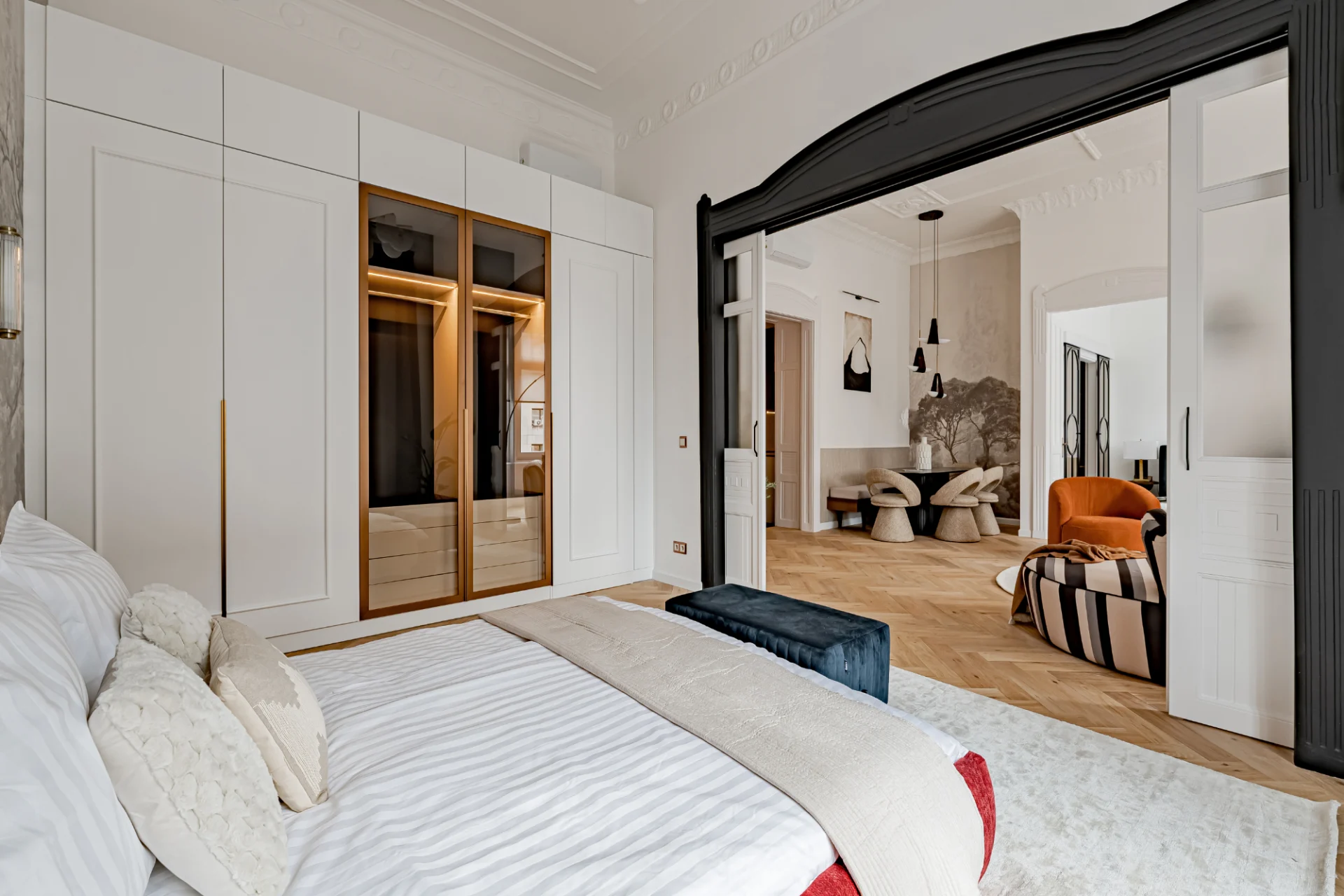 Staged bedroom in neutral tones