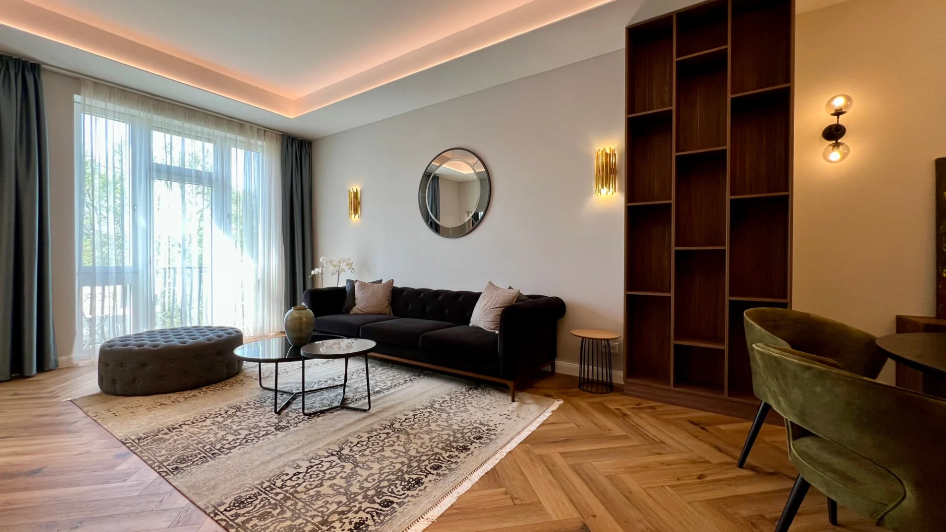 Living room in a renovated apartment with Danube views